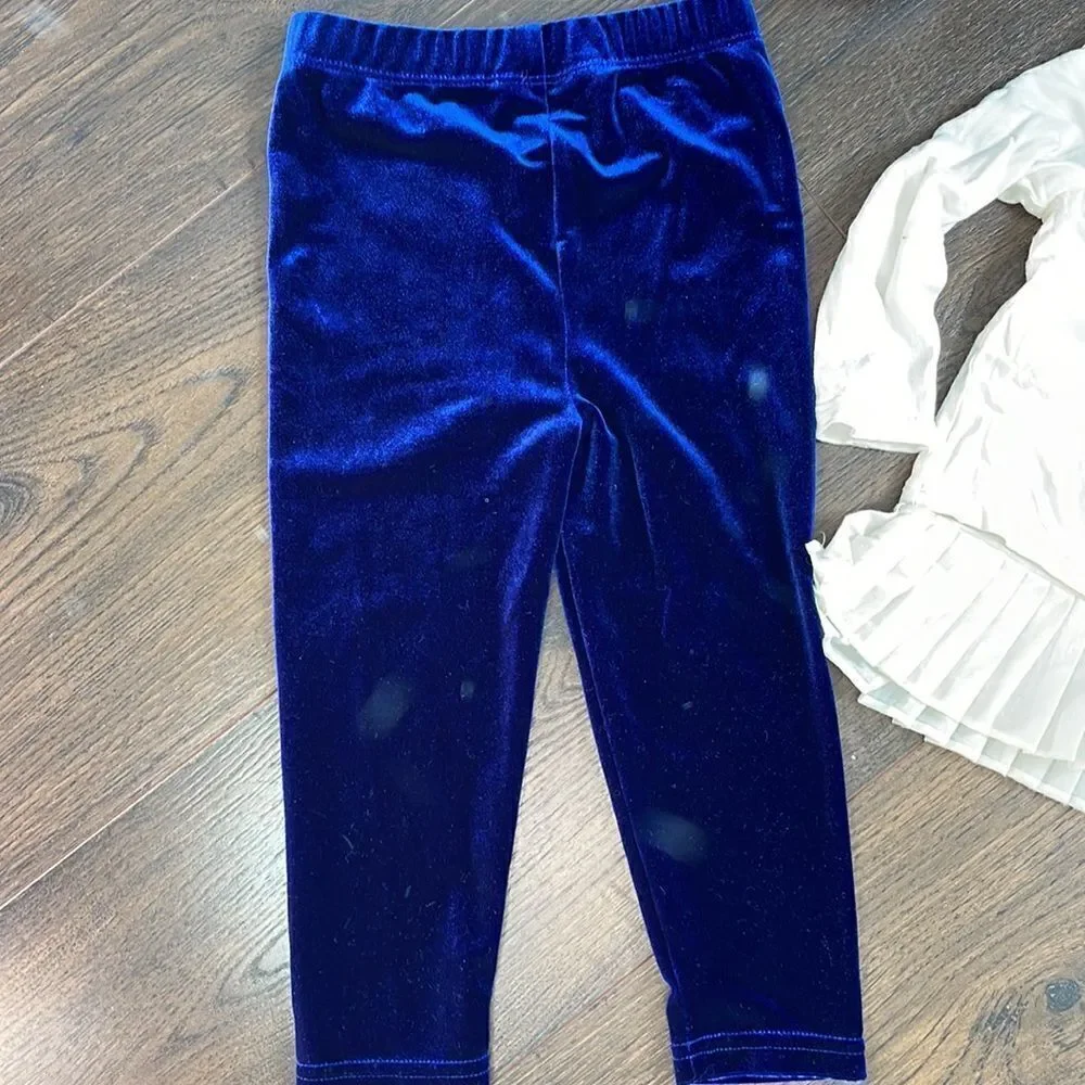 EUC Ralph Lauren Holiday Set Bottom Set Blue Velvet Leggings + Ivory Pleated Top